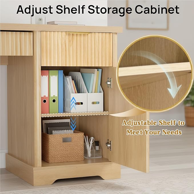 55 Modern Wavy Fluted Office Desk with Storage Cabinet Home Office Desk with Charging Station DrawerPegboard &amp Keyboard Tray - Study Writing Desk for Home Office Study Living Room Light Oak