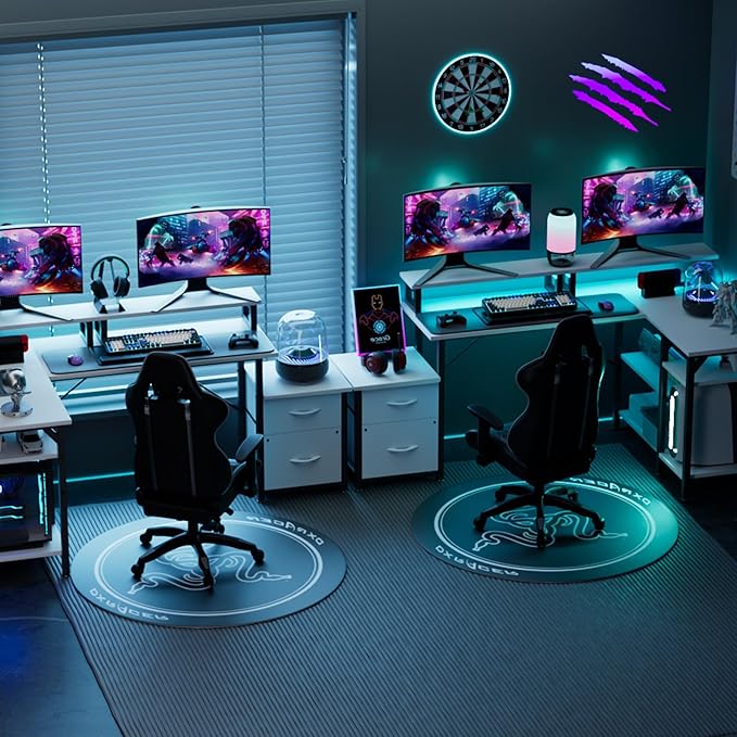 67'' L Shaped Computer Desk with Power Outlet Large Reversible Computer Gaming Desk Home Office Desks with File Drawers &amp Shelves White