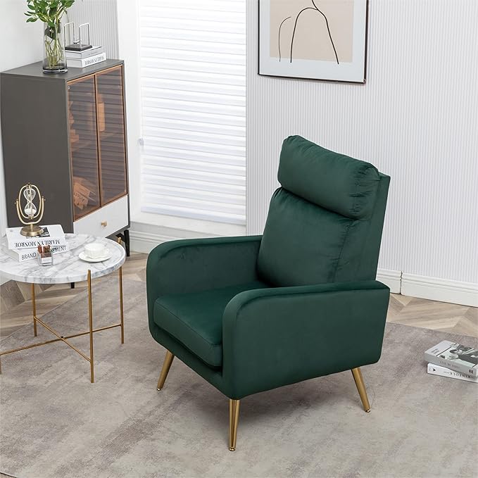 Velvet Accent Chair Modern Living Room Armchair Bedroom Dorm Reading Reception Room Comfort Upholstered Sofa Chair Gold Metal Legs Dark Green