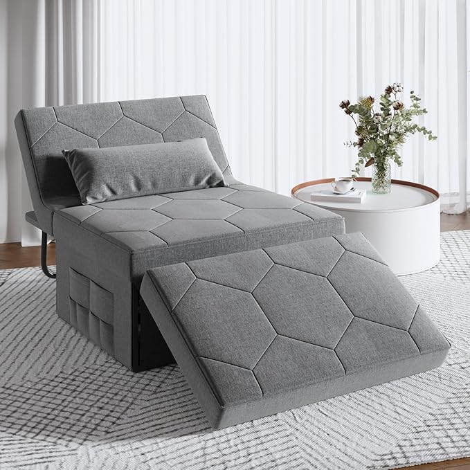 4 in 1 Sleeper Chair Convertible Sleeper Sofa with Ottoman Ottoman Bed for Adults Sofa Bed with Adjustable Backrest for Living Room Apartment Office Light Grey