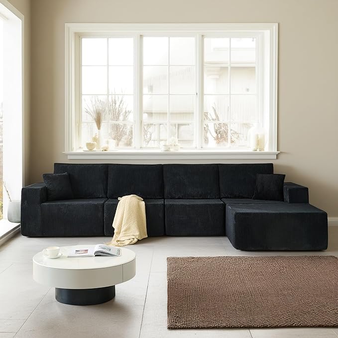 140 L Shaped Modular sectional couches SofaCorduroy Boneless Couches with Deep Seat and Movable OttomanComfy Cloud Sofa for Living Room BedroomNo Assembly (5 Seater Left Black)
