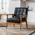 Modern Accent Chair Mid-Century Linen Armchair with Solid Wood Armrests Button-Tufted Comfortable Cushioned Reading Chairs for Living Room Bedroom (Black