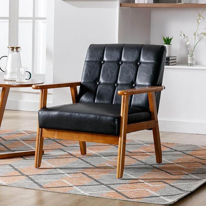 Modern Accent Chair Mid-Century Linen Armchair with Solid Wood Armrests Button-Tufted Comfortable Cushioned Reading Chairs for Living Room Bedroom (Black