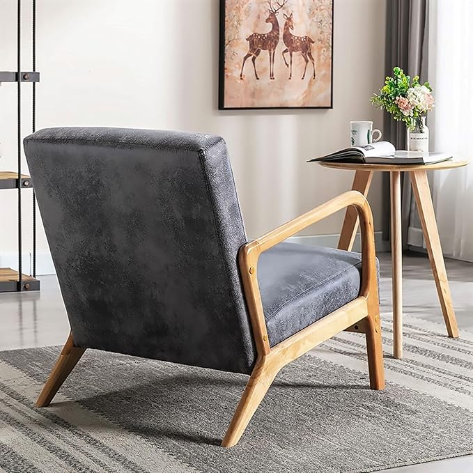 Classic Mid Century Modern Accent Chairs for Living Room or Bedroom Espresso Open ed Armchair with Plush Cushioning and Microfiber Upholstery Light Gray