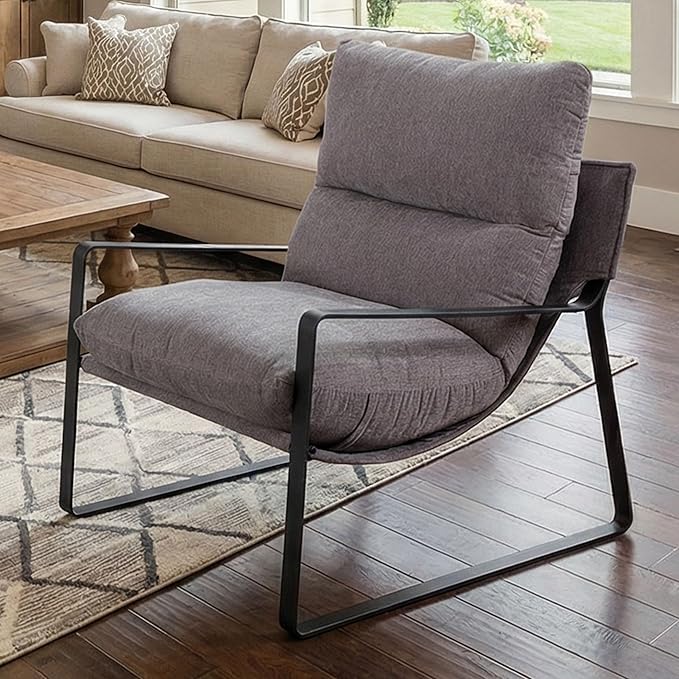 LukeAlon Modern Linen Accent Armchair Upholstered Living Room Chair with Metal Base Thickened Cushion Single Sofa Chair Comfy Lounge Chair for Bedroom Living Room Grey