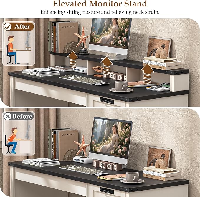 Vabches 55 Farmhouse Executive Desk with 3 Drawers Wooden Computer Desk with Keyboard Tray Home Office Desk with File Drawer (Fits A4 Size) for Work and Study White and Black