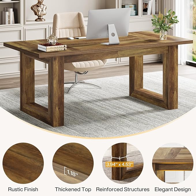 Tribesigns 63-Inch Wood Executive Desk Modern Office Desk Large Computer Table with Solid Wooden Base Work Desk for Home Office (Brown)