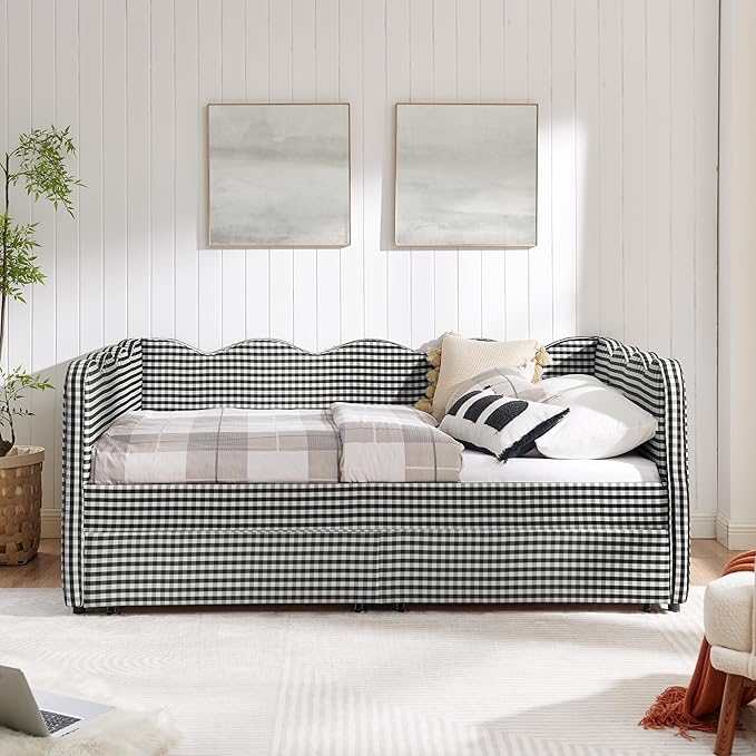Cozy Gingham Daybed with Trundle Twin Size Sofa Bed No Box Spring Needed with USB Port and Adorable Wave Shaped Linen Fabric Navy (Black+Full+2 Drawers)