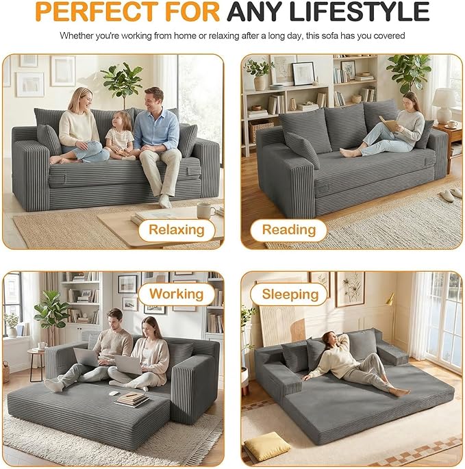 Oversize Loveseat Boneless Convertible Sofa Bed Folding Floor Futon Sleeper Sofa Queen Size Couch Bed- Boneless Foldable Couch Corduroy Pull Out Sofa Bed with 5 Pillows for Living Room &amp Bedroom