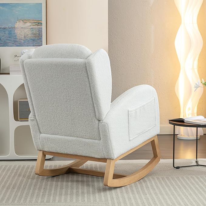 Setawix Teddy Rocking Glider Chair for NurseryUpholstered Living Room Rocker Arm ChairLeisure Sherpa Wingback ArmchairMid Century Modern Rocking Accent Chair with Side Pockets (Wingback Ivory)