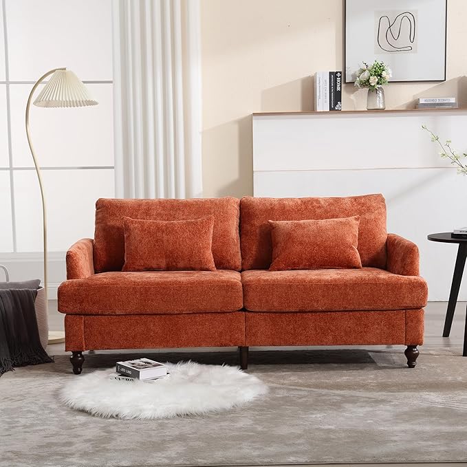 69” Modern Chenille Loveseat Sofa Couch Upholstered 2 Seat Love Seat Deep Seat Small Couch with 2 Pillows and Sturdy Wood Legs for Living Room Bedroom Apartment (Orange)