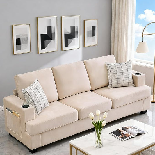 GarveeHome Modern 89 in 3-Seater Sofa for Living Room Comfy Couches with Deep Seat Chenille Couch with Cup Holders and Side Storage Pockets for Apartment Lounge Beige