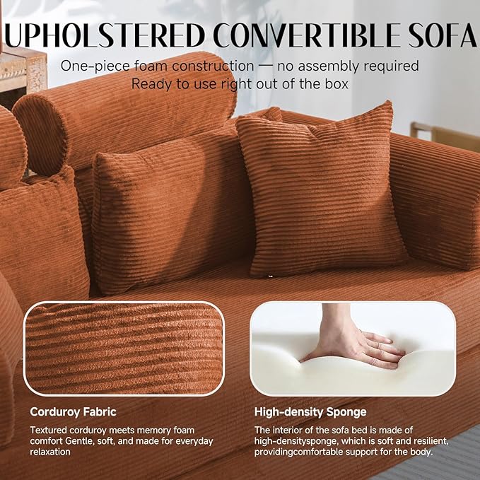 Upgrade Sofa Bed Convertible Mattress Couch for Small Spaces with High Backrest Design Fixed-Shape Frame &amp Removable Armrests and Backrest 2 Corduroy Pillow No Assembly Orange