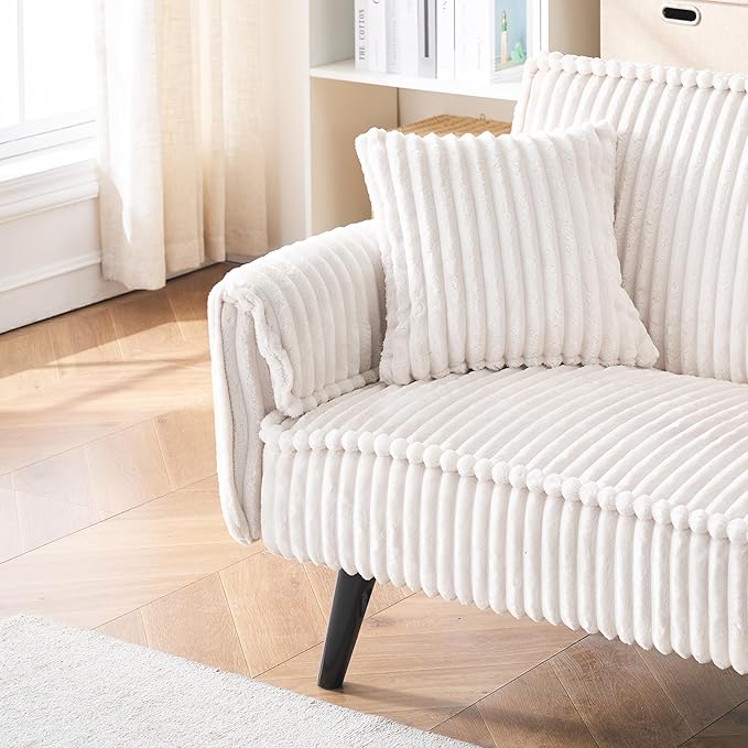 72'' Fabric Loveseat Sofa Comfy Corduroy Couch with 2 Embedded Teacup Holders 2 Seater Sofa with Adjustable Backrest Modern Small Convertible Futon Sofa Bed for Living Room Apartment (White)