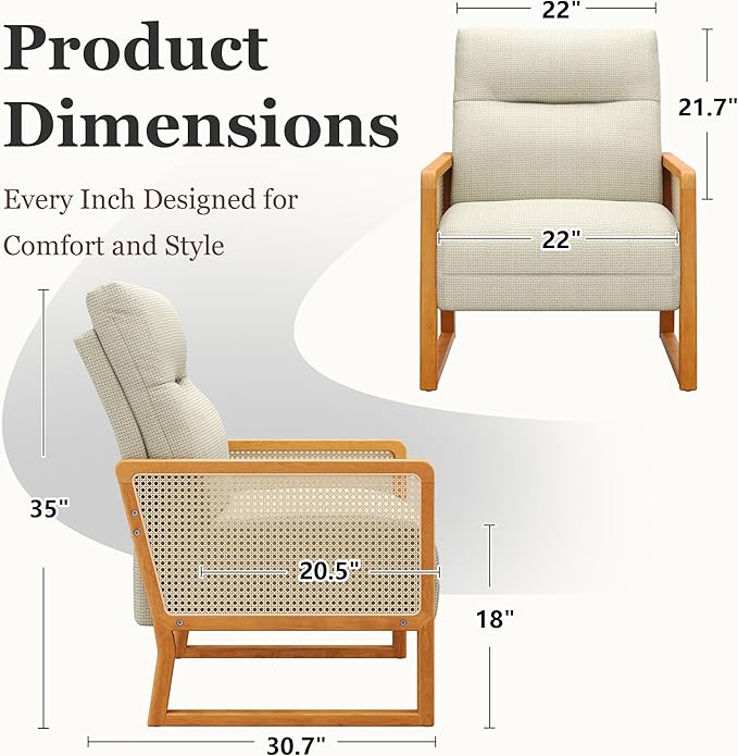 HAOBO Home Modern Accent Chair Linen Upholstered Armchair Living Room Chairs with Rattan Armrest Lounge Side Chairs Office Chair Beige