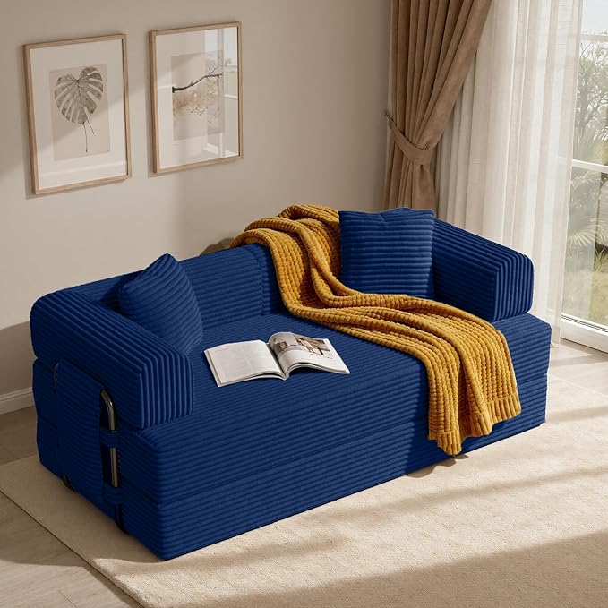 Convertible Corduroy Sleeper Sofa Bed with Cylindrical Pillow Folding Mattress Couch with Fixed-Shape Frame Floor Sofa Lounge Couch for Living Room Bedroom Lounge Studio Blue