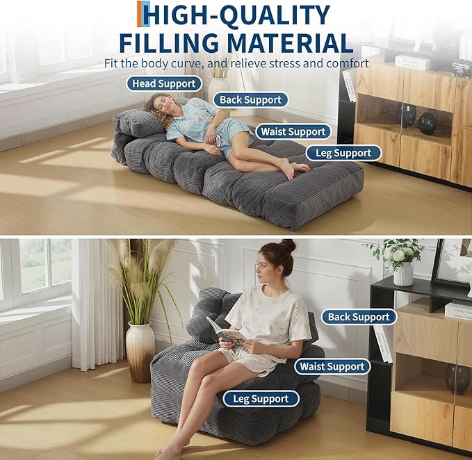 Folding Sofa Bed Convertible Sleeper Chair with Pillow Foldable Mattress&ampSide Pocket Portable Fold Out Chair Bed Comfy Floor Sofa Lounge for Living Room Bedroom Dark Grey Single