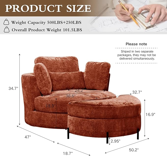 Chifee &amp Vingol Swivel Accent Chair with Ottoman 50.2 Round Swivel Chair Storage Ottoman &amp Pillows 360° Barrel Chair for Living Room Bedroom OfficeChenilleTerracotta
