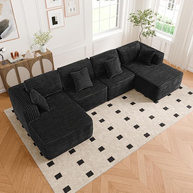 132 U Shaped Couch Oversized Modular Sectional Sofa with Chaise Corduroy U Shaped Couch with Deep Seat Boneless Couches for Living Room No Assembly Required Horizontal Striped Black