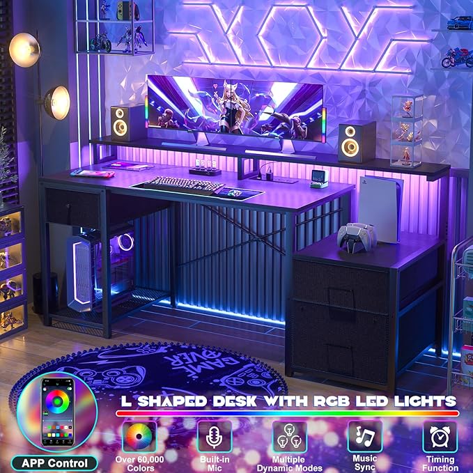 Aheaplus Computer Desk with 3 Drawers Home Office Desk with File Drawer &amp Power Outlet 59'' Gaming Desk with Led Lights Long Work Desk with Storage Shelves Printer Cabinet and Monitor Shelf B