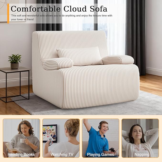 AHMED Boneless Chair Corduroy Cloud Chair Foam Couch with Wide Armrest&ampPillow No Assembly Reading Single Sofa for Living Room/Bedroom/Apartment Beige