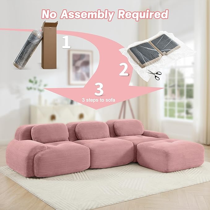 117 Boneless Couch L-Shaped Modular Sectional Sofa for Living Room Compressed Sofa with Deep Seat Corduroy Cloud Couch with Ottoman No Assembly Needed