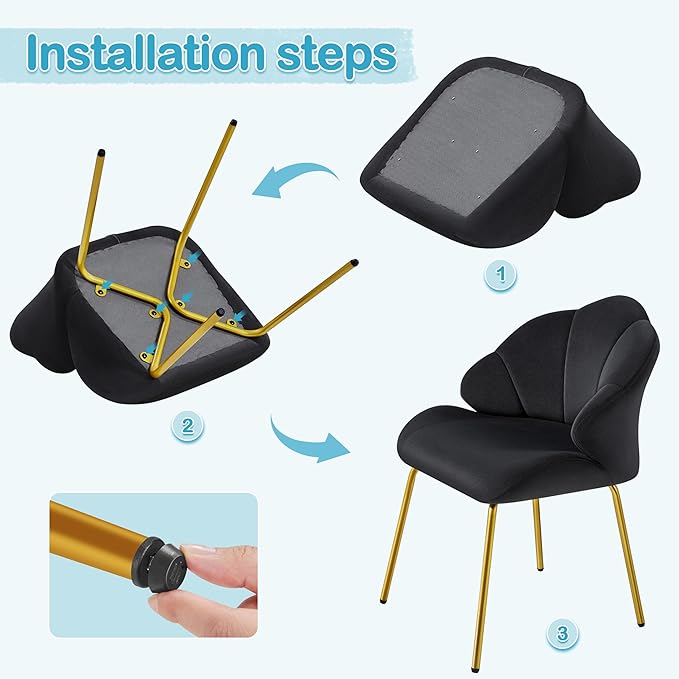 Yaheetech Vanity Chair Velvet Accent Chair with Shell-Shaped Backrest Modern Armchair with Gold Metal Legs for Dressing Room/Bedroom/Living Room Black