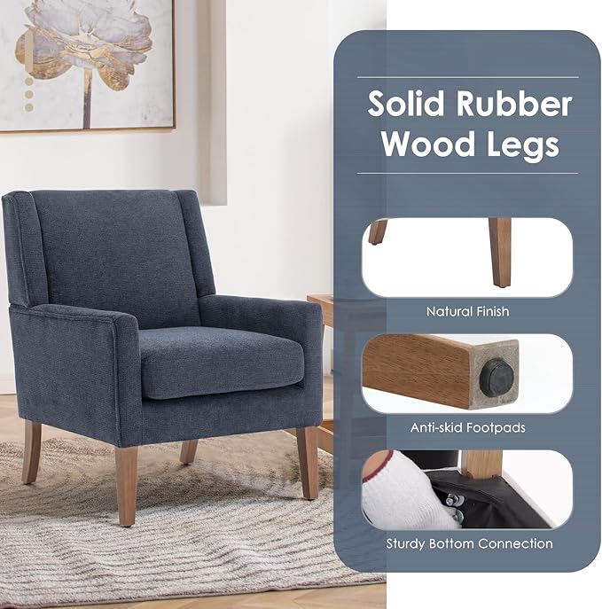 COLAMY Modern Wingback Living Room Chair Upholstered Fabric Accent Armchair Single Sofa Chair with Lounge Seat and Wood Legs for Bedroom/Office/Reading Spaces Blue