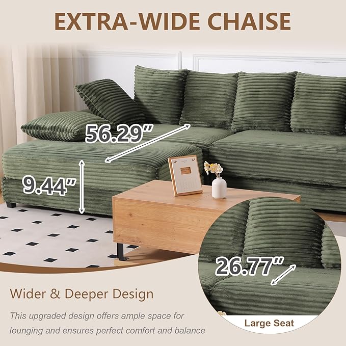 108.6 Sectional Sofa with Storage OttomanModern Cloud Couch with Deep Seat Modular Sectional Couches for Living Room Apartment Office Green