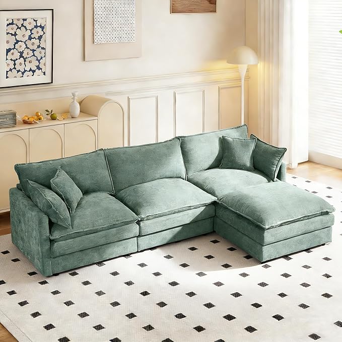 102 Cloud Sectional Couch Modular L Shaped Sofa with Movable Ottoman Comfy Chenille Deep Seat Sofa with Throw Pillows 3-Seater Cloud Couches for Living Room Apartment