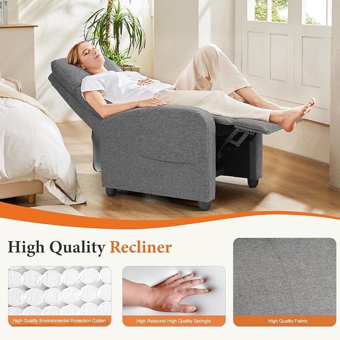 Sweetcrispy Recliner Chair Fabric Recliner Sofa No Massage Home Theater Seating with Lumbar Support Adjustable Push Back Overstuffed High-Density Sponge Reclining for Living Room Slate Gray