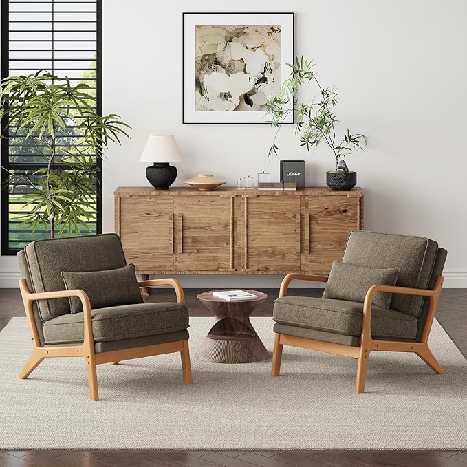 Modern Accent Chair Set of 2 with Lumbar Pillow Relaxing Mid Century Chair Armchair with Solid Wood Frame &amp Soft Cushion Reading Leisure Armchair for Living Room Green