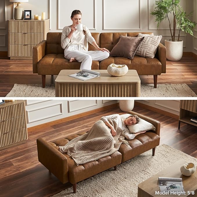 mopio Aaron 76.8 Couch Small Futon Sofa Bed Sleeper Loveseat Mid Century Modern Futon Couch Sofa Cama Couches for Living Room Bedroom (Old Rosa Velvet)