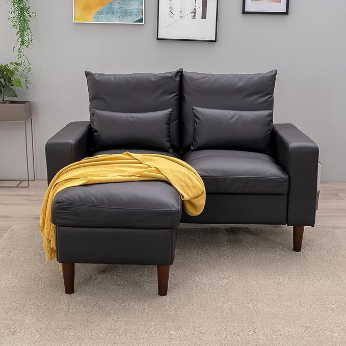 Panana Convertible Sectional Sofa CouchL-Shaped 2 or 3-Seat Sofa Sectional with Reversible Ottoman for Small Living Room Apartment (Black Leather Look Fabric 2 Seater with Ottoman - Track arms)