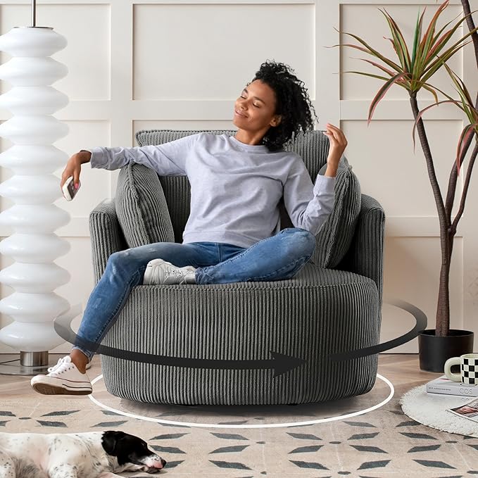 Swivel Accent Chair Round Barrel Armchair Upholstered Living Room Chair Corduroy Reading Chair Single Sofa Chair for Bedroom Apartment Office (Grey Standard 1Seater)