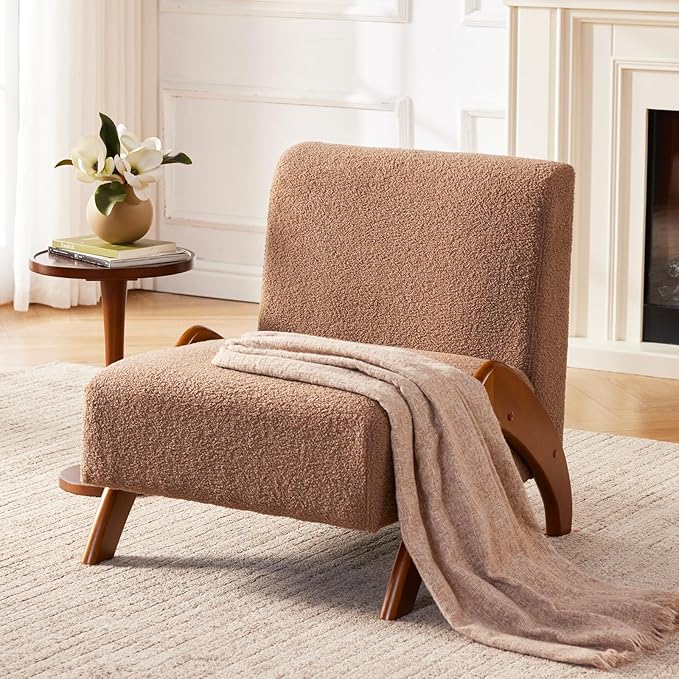 Oversized Accent Chair upholstered armless mid Century Modern Living Room Chair with Wooden Legs for Bedroom/Office/Cafe Sherpa Brown