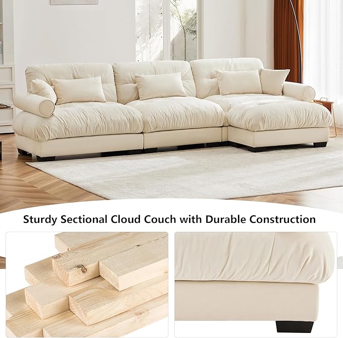 Aoowow Oversized 3 Seater Cloud Sofa Couch with Ottoman for Living RoomVelvet Large L-Shaped 3 Seat Cloud Sofas Deep SeatModern Modular Sectional Sleeper CouchesTufted