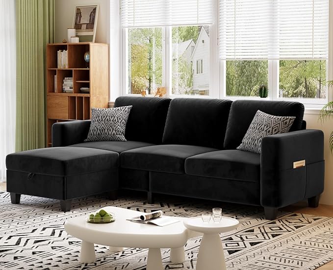Small Couches for Living Room 78 Convertible L Shaped Couch Black 3 Seater Sofas with Movable Storage Ottoman for Small Space