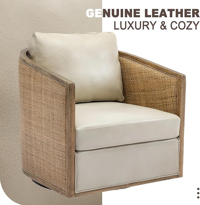 Swivel Barrel ChairLeather Accent Chair with ArmsCushion BackRattan FrameRound Swivel Chair for Living RoomBedroomOfficeWaiting Room (Oyster Grey Leather)