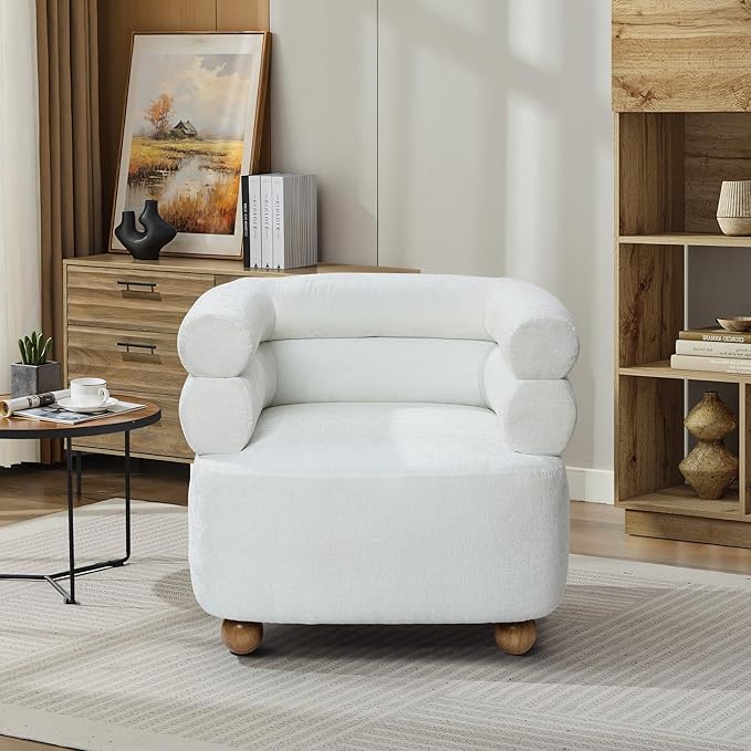 LuxenHome Barrel Accent Chair with Wood Ball Legs Modern Upholstered Ivory Barrel Armchair for Living Room Reading Room BedroomStylish Sofa Chair Decorative Home FurnitureLeisure Lounge Chairs