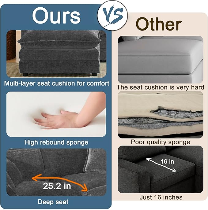 Modular Sectional Sofa 146.5 U Shaped Sectional Couch 5 Seater Comfy Cloud with Movable Ottoman for Living Room(Grey 146.5 inch U-Shaped)