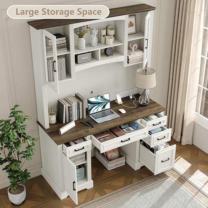 Furniouse Farmhouse 76 Height Executive Desk with Hutch Office Desk with Charging Station Drawers and Storage Cabinet Workstation for Office Home Brown Tabletop Off White