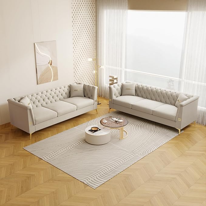 Chesterfield Sofa Sectional Couch with Metal Legs 82.6 Velvet Couch White and Gold Sofa Luxury Loveseat for Living Room Tufted Sofas with 2 Pillows &amp Classic Golden Decor White