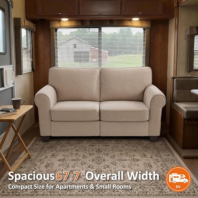 MCombo 67.7 Loveseat Sofa 2-Seater Small Couch for Small Spaces Classic Rolled Arm Upholstered Sofa with Solid Wood Legs for Living Room Removable Cover Chenille Fabric VE730 (Beige)