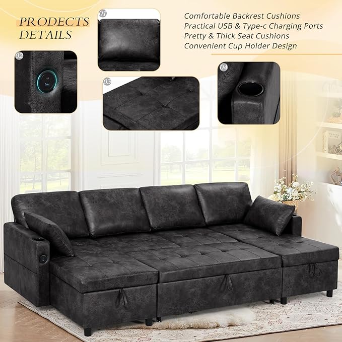 110 Suede Leather Pull Out Sofa Bed w/Adjustable Backrest Sectional Sleeper Couch w/Storage Chaises and Armrest Pillows U-Shape Sofa Bed w/USB Port for Living Room House Black