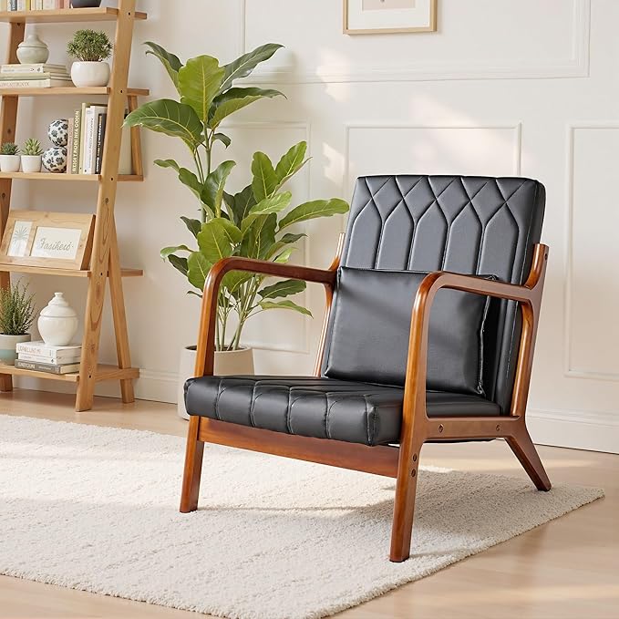 VECELO Mid-Century Modern Accent Chair with Faux Leather Cushion &amp Solid Wood Frame Lounge Armchair for Living Room Bedroom Office Black