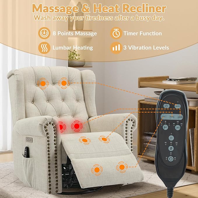 Power Swivel Rocking Glider Recliner Chair Electric Nursery Reclining Sofa Chair with Heat and Massage Wingback Tufted Upholstered Recliner for Living Room USB and Type-C Ports Beige