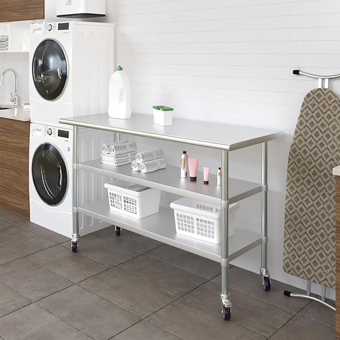 AmGood Stainless Steel Work Table with 2 Shelves and Casters | Metal Utility Table On Wheels (Stainless Steel Work Table with 2 Shelves + Casters 60 Long x 30 Deep)