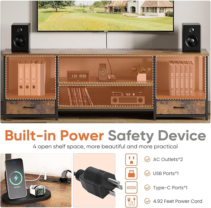 Sweetcrispy Entertainment Center with Stoage Wood TV Stand with Drawers for 75 Inch+ TVS Television Stands for Living Room Media Console with Charging Station Drawers Shelf Sturdy Frame 63'' Rustic