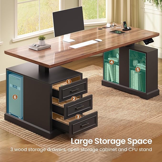 SEDETA Farmhouse Electric Standing Desk 63 Height Adjustable Computer Desk with 3 Drawers Storage Shelves Power Outlets Wood Home Office Stand up Desk for Work Study Writing Black